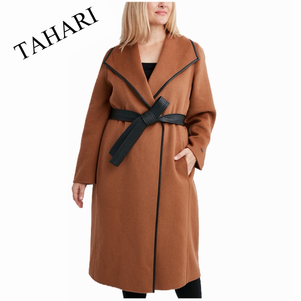Nwt Tahari Women's Plus Size Wool Blend Faux-Leather-Trim Belted Wrap Coat